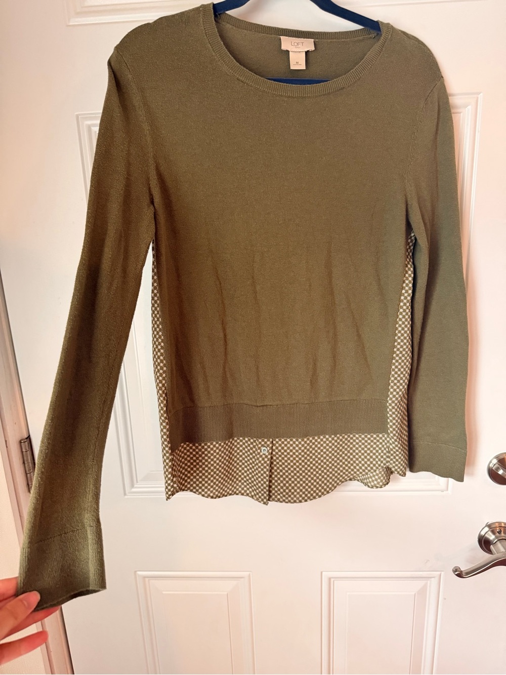 LOFT Olive Green Layered-Look Sweater with Printed Hem